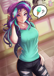 Size: 706x1000 | Tagged: safe, artist:the-park, starlight glimmer, human, equestria girls, adorasexy, beanie, breasts, clothes, cute, female, food, glimmerbetes, hat, human coloration, humanized, ice cream, looking at you, pants, pictogram, sexy, shirt, signature, smiling, solo, starlight jiggler, that human sure does love ice cream