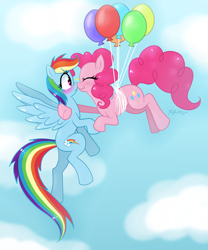 Size: 1000x1200 | Tagged: safe, artist:leffenkitty, derpibooru import, pinkie pie, rainbow dash, earth pony, pegasus, pony, balloon, blushing, boop, female, lesbian, noseboop, pinkiedash, shipping