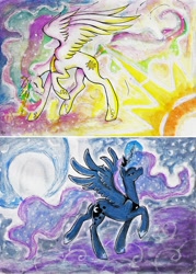 Size: 914x1280 | Tagged: safe, artist:fly-sky-high, princess celestia, princess luna, alicorn, pony, duality, magic, moon, moon work, sun, sun work, traditional art