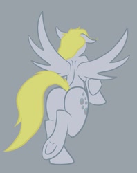 Size: 1560x1972 | Tagged: safe, artist:into-my-eyes, derpy hooves, pony, backbend, bipedal, bubble butt, female, plot, rear view, simple background, solo, spread wings, underhoof