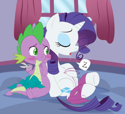 Size: 1200x1088 | Tagged: safe, artist:pia-sama, rarity, spike, dragon, pony, unicorn, baby, baby dragon, blushing, carousel boutique, cloth, curtains, cute, cutie mark, drool, fabric, female, male, mare, raribetes, scissors, sewing needle, shipping, sitting, sleeping, sparity, spikabetes, straight, window, z