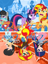 Size: 768x1024 | Tagged: safe, artist:shinzakura, octavia melody, sci-twi, sunset shimmer, twilight sparkle, twilight sparkle (alicorn), oc, oc:raspberry beryl, alicorn, pony, equestria girls, angry, bomber jacket, clothes, done, fanfic, fanfic art, fanfic cover, human coloration, human ponidox, inverted, jacket, japanese, kanji, self ponidox, seven days in sunny june