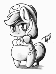 Size: 891x1171 | Tagged: safe, artist:quarium, applejack, earth pony, pony, apple, bipedal, food, grayscale, monochrome, solo, style emulation, traditional art