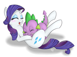 Size: 4000x2957 | Tagged: safe, artist:wickedsilly, rarity, spike, dragon, pony, unicorn, female, fluffy, laughing, male, on back, raspberry, shipping, smiling, sparity, straight, tickling, tummy buzz