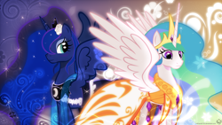 Size: 1920x1080 | Tagged: safe, artist:cartoontiger, artist:mithandir730, princess celestia, princess luna, alicorn, pony, clothes, dress, flower, gala dress, vector, wallpaper