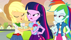 Size: 1280x720 | Tagged: safe, derpibooru import, screencap, applejack, rainbow dash, twilight sparkle, twilight sparkle (alicorn), alicorn, equestria girls, rainbow rocks, out of context