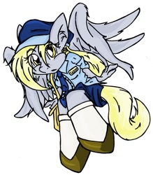 Size: 627x715 | Tagged: safe, artist:irkenpop-tart, derpy hooves, anthro, clothes, simple background, solo, spread wings