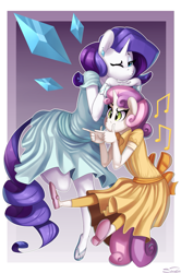 Size: 799x1200 | Tagged: safe, artist:siden, rarity, sweetie belle, anthro, plantigrade anthro, clothes, dress, duckface, feet, flip-flops, sandals, sisters