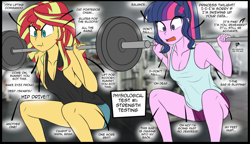 Size: 980x563 | Tagged: safe, artist:pshyzomancer, color edit, edit, sci-twi, sunset shimmer, twilight sparkle, equestria girls, /fit/, armpits, colored, exercise, female, gym, implied princess twilight, implied twilight sparkle, lesbian, scitwishimmer, shipping, sunsetsparkle, text, tfw, weight lifting, weights, workout, workout outfit