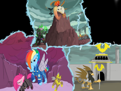 Size: 3000x2247 | Tagged: safe, artist:php63, derpibooru import, dragon lord torch, pinkie pie, rainbow dash, spike, dragon, earth pony, griffon, pegasus, pony, alternate timeline, apinkalypse pie, apocalypse dash, crystal war timeline, dystopia, pinkamena diane pie, skull