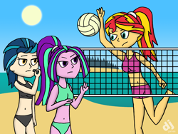 Size: 1600x1200 | Tagged: safe, artist:djgames, aria blaze, indigo zap, sunset shimmer, equestria girls, beach, belly button, midriff, tankini, volleyball