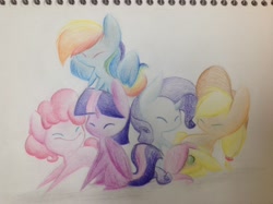 Size: 2592x1936 | Tagged: safe, artist:virtualsketcher, derpibooru import, applejack, fluttershy, pinkie pie, rainbow dash, rarity, twilight sparkle, twilight sparkle (alicorn), alicorn, earth pony, pegasus, pony, unicorn, chibi, cute, eyes closed, female, mane six, mare, traditional art