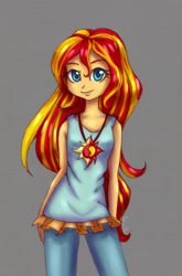 Size: 1975x3001 | Tagged: safe, artist:0okami-0ni, sunset shimmer, equestria girls, clothes, cute, looking at you, shimmerbetes, smiling, solo, tanktop