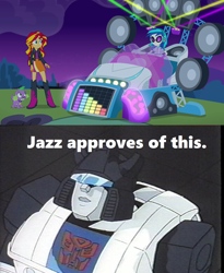 Size: 1280x1558 | Tagged: safe, edit, edited screencap, screencap, dj pon-3, spike, sunset shimmer, vinyl scratch, dog, equestria girls, rainbow rocks, autobot, bassmobile, car, jazz, spike the dog, transformers