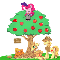 Size: 1250x1250 | Tagged: safe, artist:30clock, applejack, braeburn, little strongheart, pinkie pie, earth pony, pony, over a barrel, apple, pie, pixiv, saloon dress, saloon pinkie, tree