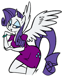 Size: 590x724 | Tagged: safe, artist:egophiliac, artist:venezolanbrony, edit, rarity, alicorn, anthro, bedroom eyes, bracelet, clothes, dress, fabulous, looking at you, open mouth, race swap, raricorn, simple background, smiling, solo, spread wings, transparent background, vector