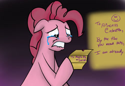 Size: 1300x900 | Tagged: safe, artist:swordkirby, pinkie pie, earth pony, pony, crying, fanfic art, note, solo