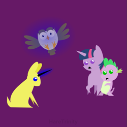 Size: 601x601 | Tagged: safe, artist:haretrinity, derpibooru import, owlowiscious, spike, twilight sparkle, bird, dragon, owl, pony, rabbit, almiraj, female, glowing horn, magic, male, mare, pointy ponies, purple background, simple background, telekinesis