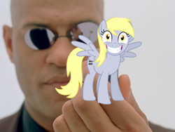 Size: 500x375 | Tagged: safe, artist:theshadowstone, edit, derpy hooves, pegasus, pony, the cutie map, creepy, crying inside, equalized, female, looking at you, mare, morpheus, smiling, the matrix, underp