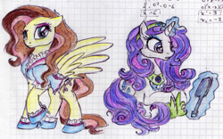 Size: 726x454 | Tagged: safe, artist:remains, fluttershy, rarity, pegasus, pony, unicorn, alternate costumes, alternate hairstyle, graph paper, paper, sketch, traditional art