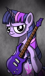 Size: 1450x2450 | Tagged: safe, artist:friendshipismetal777, derpibooru import, twilight sparkle, unicorn twilight, pony, unicorn, bags under eyes, bipedal, guitar, solo, tattoo