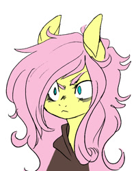 Size: 500x628 | Tagged: safe, artist:techtechno, fluttershy, pegasus, pony, angry, ask, clothes, eyebrows, frown, hoodie, messy mane, otakufluttershy, simple background, solo, tumblr, white background, wide eyes