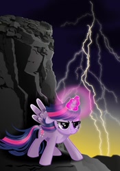 Size: 584x836 | Tagged: safe, artist:monsterswonderland, derpibooru import, twilight sparkle, twilight sparkle (alicorn), alicorn, pony, badass, epic, female, filly, filly twilight sparkle, magic, mare, solo, thunder, younger