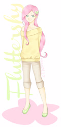 Size: 600x1250 | Tagged: safe, artist:starrywhitewall, fluttershy, human, clothes, humanized, off shoulder, solo, sweater, sweatershy