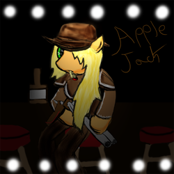 Size: 894x894 | Tagged: safe, artist:deliriouscat, applejack, earth pony, pony, bar, cowgirl, double barreled shotgun, film, gun, shotgun, weapon