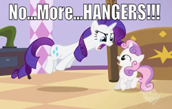 Size: 670x425 | Tagged: safe, edit, edited screencap, screencap, rarity, sweetie belle, pony, unicorn, caption, eye contact, female, filly, fridge horror, image macro, implications, jumping, mare, meme, mommy dearest, open mouth, wide eyes, yelling