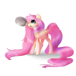 Size: 900x900 | Tagged: safe, artist:fikakorv, fluttershy, pegasus, pony, collar, crossover, frying pan, impossibly long hair, impossibly long tail, long hair, long mane, long tail, mouth hold, rapunzel, solo, tangled (disney)