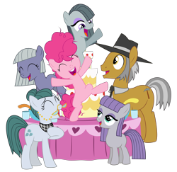 Size: 8233x8000 | Tagged: safe, artist:masem, cloudy quartz, igneous rock pie, limestone pie, marble pie, maud pie, pinkie pie, earth pony, pony, pinkie pride, .svg available, absurd resolution, cake, family, filly, pie family, pie sisters, punch, quartzrock, siblings, simple background, sisters, table, transparent background, vector