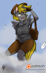 Size: 567x900 | Tagged: safe, artist:xenstroke, derpy hooves, anthro, cap, clothes, hat, letter, mailbag, mailmare, solo, uniform