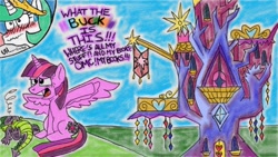 Size: 800x450 | Tagged: safe, artist:gaztasterofpork, princess celestia, spike, twilight sparkle, twilight sparkle (alicorn), alicorn, dragon, pony, female, mare, twilight's castle