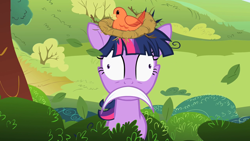 Size: 1280x720 | Tagged: safe, derpibooru import, edit, edited screencap, screencap, constance, twilight sparkle, bird, pony, lesson zero, bird nest, female, frown, inverted mouth, mare, nest, solo, twilight snapple