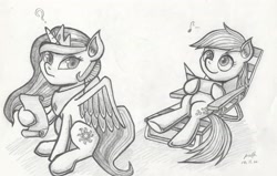 Size: 3284x2095 | Tagged: safe, artist:pxtt, derpy hooves, princess celestia, alicorn, pegasus, pony, ear fluff, female, frown, grayscale, hoof hold, looking back, mare, mirror, monochrome, music notes, on back, question mark, scroll, simple background, sitting, smiling, sunbathing, traditional art