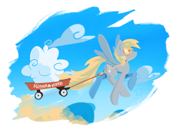 Size: 1400x1082 | Tagged: safe, artist:darkflame75, derpy hooves, pegasus, pony, cart, cloud, cloudy, female, flying, mare, muffin, solo, wagon