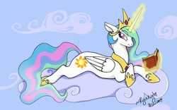 Size: 1280x800 | Tagged: safe, artist:ryuulight, princess celestia, alicorn, pony, book, cloud, cloudy, magic, solo