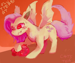 Size: 900x754 | Tagged: safe, artist:catstea, fluttershy, bat pony, pony, bats!, apple, flutterbat, race swap, solo