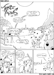 Size: 944x1294 | Tagged: safe, artist:capnpea, applejack, earth pony, pony, comic:three apples, bucking, comic, female, mare, monochrome, orchard, singing, solo, tree, working