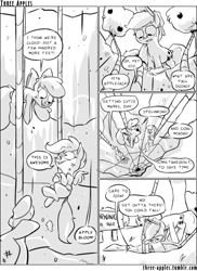 Size: 500x685 | Tagged: safe, artist:capnpea, apple bloom, applejack, scootaloo, sweetie belle, earth pony, pegasus, pony, unicorn, comic:three apples, cave, comic, cutie mark crusaders, female, filly, mare, monochrome, rope, spelunking, suspended