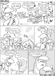 Size: 944x1294 | Tagged: safe, artist:capnpea, apple bloom, applejack, scootaloo, sweetie belle, earth pony, pegasus, pony, unicorn, comic:three apples, comic, crystal, cutie mark crusaders, female, filly, mare, monochrome, orchard, rope
