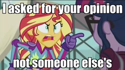 Size: 1920x1080 | Tagged: safe, edit, edited screencap, screencap, sci-twi, sunset shimmer, twilight sparkle, equestria girls, friendship games, angry, discovery family logo, exploitable meme, image macro, meme, opinion, pointing, reaction image, sunset yells at twilight