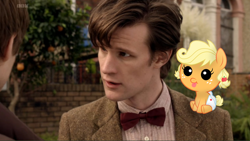 Size: 832x469 | Tagged: safe, artist:missbeigepony, applejack, pony, baby, baby pony, babyjack, crossover, diaper, doctor who, eleventh doctor, foal, irl, matt smith, photo, ponies in real life