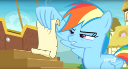 Size: 1675x909 | Tagged: safe, derpibooru import, screencap, rainbow dash, pegasus, pony, grannies gone wild, rainbow dash reading a scroll, reading, squint, wing hands, wing hold