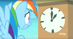 Size: 1671x905 | Tagged: safe, derpibooru import, screencap, rainbow dash, pegasus, pony, grannies gone wild, clock