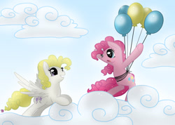 Size: 1848x1316 | Tagged: safe, artist:rainbowjune, pinkie pie, surprise, earth pony, pony, g1, balloon, cloud, cloudy, then watch her balloons lift her up to the sky