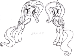 Size: 1803x1366 | Tagged: safe, artist:colossalstinker, fluttershy, pegasus, pony, female, mare, monochrome, traditional art