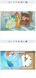 Size: 256x558 | Tagged: safe, derpibooru import, screencap, rainbow dash, sandbar, smolder, yona, pegasus, pony, grannies gone wild, derpibooru, juxtaposition, juxtaposition win, meme, meta