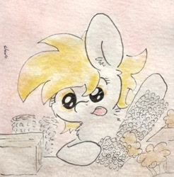 Size: 682x692 | Tagged: safe, artist:slightlyshade, derpy hooves, pegasus, pony, bubble wrap, female, mare, muffin, solo, tongue out, traditional art